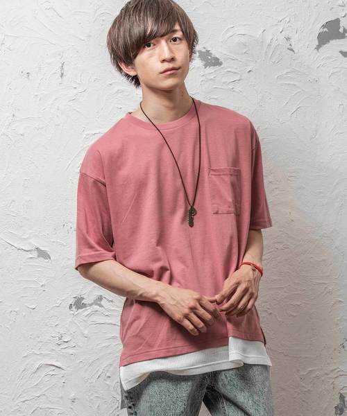 MinoriTY（マイノリティ）の「フェイクレイヤードビッグシルエット半袖Tシャツ カットソー クルーネック（Tシャツ/カットソー・メンズ・ブラック/オフホワイト/オリーブ/ピンク/キャメル・FREE）」の5枚目の写真