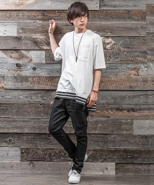 MinoriTY（マイノリティ）の「フェイクレイヤードビッグシルエット半袖Tシャツ カットソー クルーネック（Tシャツ/カットソー・メンズ・ブラック/オフホワイト/オリーブ/ピンク/キャメル・FREE）」の6枚目の写真