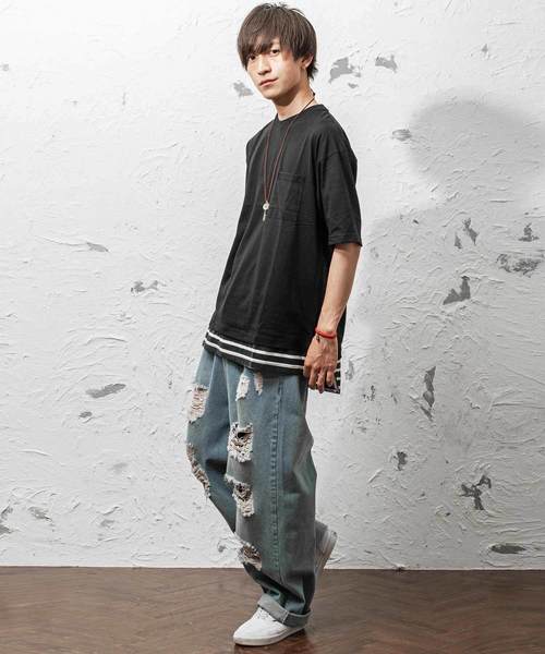 MinoriTY（マイノリティ）の「フェイクレイヤードビッグシルエット半袖Tシャツ カットソー クルーネック（Tシャツ/カットソー・メンズ・ブラック/オフホワイト/オリーブ/ピンク/キャメル・FREE）」の7枚目の写真