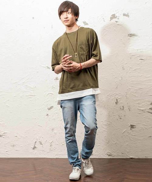 MinoriTY（マイノリティ）の「フェイクレイヤードビッグシルエット半袖Tシャツ カットソー クルーネック（Tシャツ/カットソー・メンズ・ブラック/オフホワイト/オリーブ/ピンク/キャメル・FREE）」の8枚目の写真