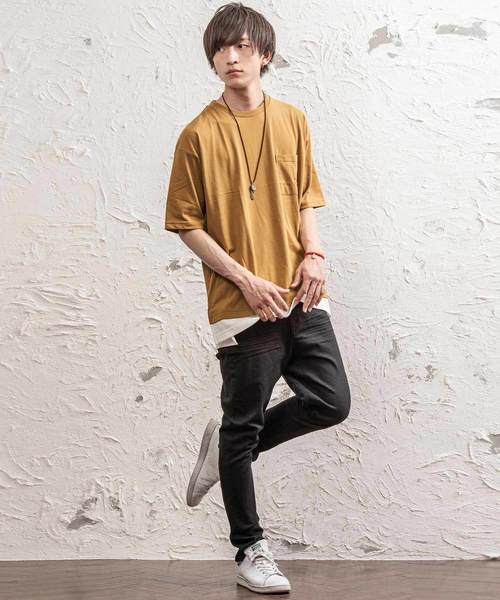 MinoriTY（マイノリティ）の「フェイクレイヤードビッグシルエット半袖Tシャツ カットソー クルーネック（Tシャツ/カットソー・メンズ・ブラック/オフホワイト/オリーブ/ピンク/キャメル・FREE）」の9枚目の写真