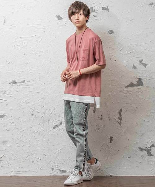 MinoriTY（マイノリティ）の「フェイクレイヤードビッグシルエット半袖Tシャツ カットソー クルーネック（Tシャツ/カットソー・メンズ・ブラック/オフホワイト/オリーブ/ピンク/キャメル・FREE）」の10枚目の写真