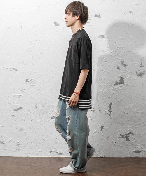 MinoriTY（マイノリティ）の「フェイクレイヤードビッグシルエット半袖Tシャツ カットソー クルーネック（Tシャツ/カットソー・メンズ・ブラック/オフホワイト/オリーブ/ピンク/キャメル・FREE）」の11枚目の写真