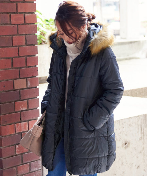 セール】エコファーフード付き2Wayコクーンシルエット中綿エコダウン