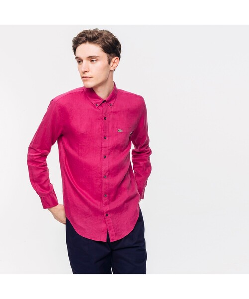 LACOSTE(ラコステ)の「リネンボタンダウンシャツ(シャツ/ブラウス・メンズ・ホワイト/グレー/スカイブルー/マジェンタ/ダークベージュ/ブラウン/オフホワイト/ライトイエロー/ベージュ/ネイビー/シャーベット/ライトブルー・39/40/41/38)」の11枚目の写真