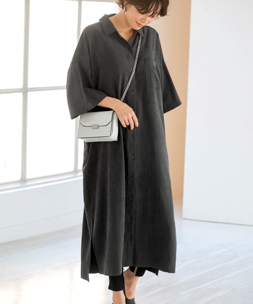 STYLE DELI(スタイルデリ)の「【LUXE】背面ギャザーBIGシャツロングワンピース(シャツワンピース・レディース・サンドベージュ/セージグリーン/スミクロ・01/02)」の2枚目の写真