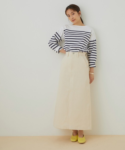 ADAM ET ROPE'(アダムエロペ)の「【BIGJOHN】別注HIGH-SLIT MAXI SKIRT(デニムスカート・レディース・オフホワイト/カーキ・M/S)」の7枚目の写真