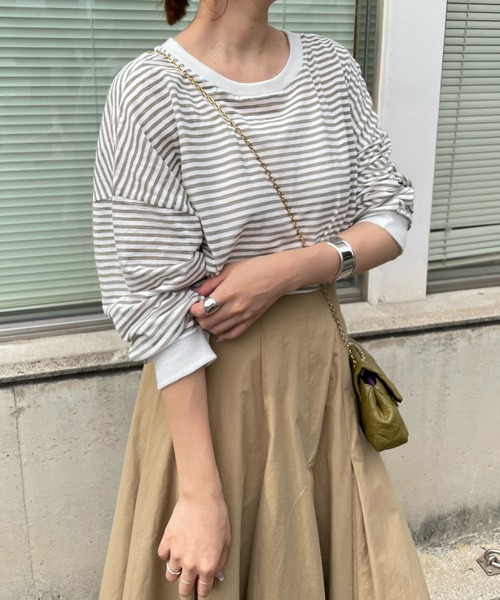 DouDou（ドゥドゥ）の「シアーボーダーTEE（Tシャツ/カットソー・レディース・ブラック/カーキ/サックスブルー/ネイビー/グレー・FREE）」の3枚目の写真