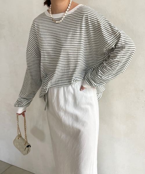 DouDou（ドゥドゥ）の「シアーボーダーTEE（Tシャツ/カットソー・レディース・ブラック/カーキ/サックスブルー/ネイビー/グレー・FREE）」の4枚目の写真