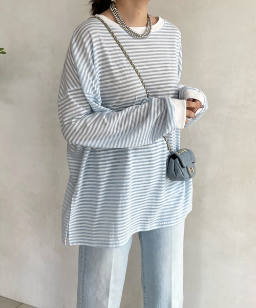 DouDou（ドゥドゥ）の「シアーボーダーTEE（Tシャツ/カットソー・レディース・ブラック/カーキ/サックスブルー/ネイビー/グレー・FREE）」の5枚目の写真