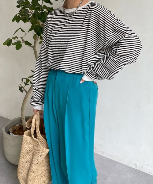 DouDou（ドゥドゥ）の「シアーボーダーTEE（Tシャツ/カットソー・レディース・ブラック/カーキ/サックスブルー/ネイビー/グレー・FREE）」の2枚目の写真