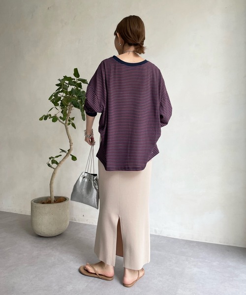 DouDou（ドゥドゥ）の「シアーボーダーTEE（Tシャツ/カットソー・レディース・ブラック/カーキ/サックスブルー/ネイビー/グレー・FREE）」の19枚目の写真