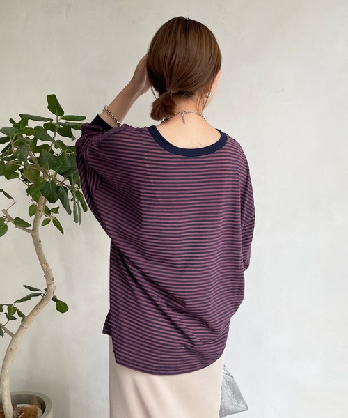 DouDou（ドゥドゥ）の「シアーボーダーTEE（Tシャツ/カットソー・レディース・ブラック/カーキ/サックスブルー/ネイビー/グレー・FREE）」の15枚目の写真