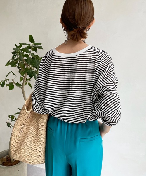 DouDou（ドゥドゥ）の「シアーボーダーTEE（Tシャツ/カットソー・レディース・ブラック/カーキ/サックスブルー/ネイビー/グレー・FREE）」の6枚目の写真