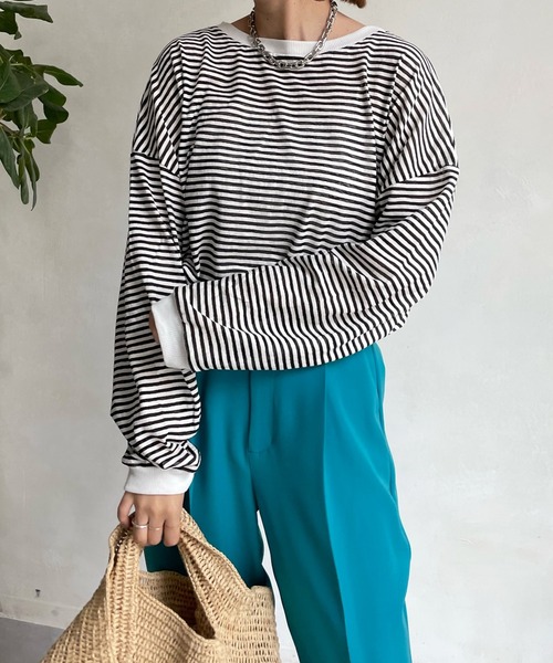 DouDou（ドゥドゥ）の「シアーボーダーTEE（Tシャツ/カットソー・レディース・ブラック/カーキ/サックスブルー/ネイビー/グレー・FREE）」の8枚目の写真