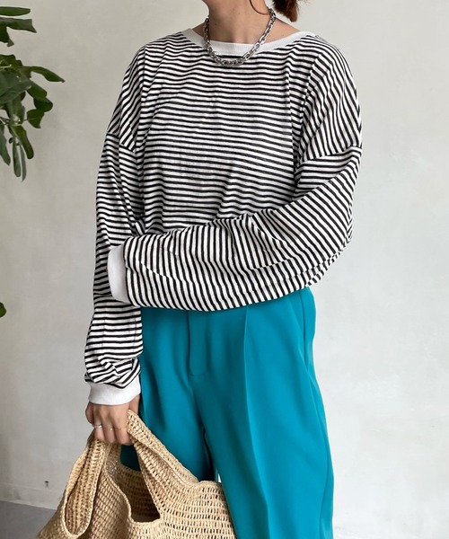 DouDou（ドゥドゥ）の「シアーボーダーTEE（Tシャツ/カットソー・レディース・ブラック/カーキ/サックスブルー/ネイビー/グレー・FREE）」の7枚目の写真