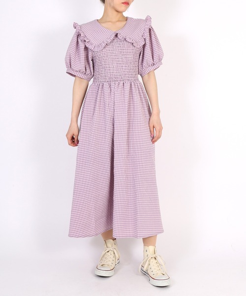PUNYUS（プニュズ）の「ビッグカラーギンガムチェックワンピース（シャツワンピース・レディース・ピンク/ライトパープル/ブラック/オレンジ・2/4/3/1）」の10枚目の写真