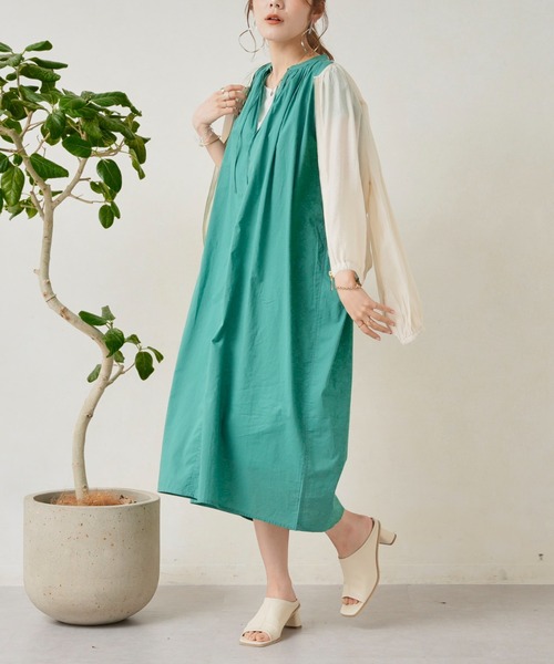Chez toi（シェトワ）の「キーネックギャザースモックワンピース（ワンピース・レディース・オフホワイト/ブラック/グリーン/イエロー・FREE）」の7枚目の写真