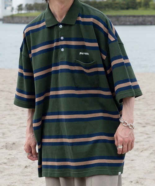 Perushu(ペルーシュ)の「オーバーサイズボーダーポロ(ポロシャツ・メンズ・ブラック/ネイビー/グリーン・MEDIUM/LARGE/X-LARGE)」の17枚目の写真