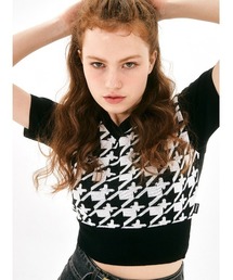 A'GEM/9 × .kom『 FANCY CLUB/ファンシークラブ』HOUND TOOTH CHECK CROP KNIT TEE/ハウンドトゥース チェック柄 クロップド丈 ニット半袖Tシャツ