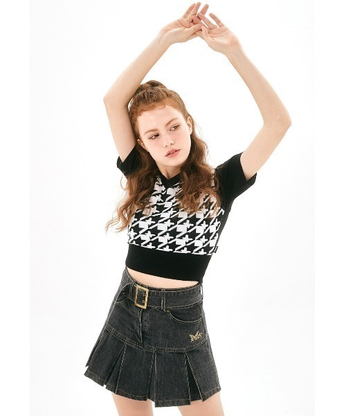 FANCY CLUB（ファンシークラブ）の「A'GEM/9 × .kom『 FANCY CLUB/ファンシークラブ』HOUND TOOTH CHECK CROP KNIT TEE/ハウンドトゥース チェック柄 クロップド丈 ニット半袖Tシャツ（ニット/セーター・レディース・ブラック/ライトブルー・FREE）」の9枚目の写真