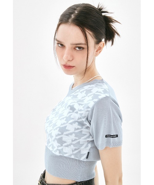 FANCY CLUB（ファンシークラブ）の「A'GEM/9 × .kom『 FANCY CLUB/ファンシークラブ』HOUND TOOTH CHECK CROP KNIT TEE/ハウンドトゥース チェック柄 クロップド丈 ニット半袖Tシャツ（ニット/セーター・レディース・ブラック/ライトブルー・FREE）」の21枚目の写真