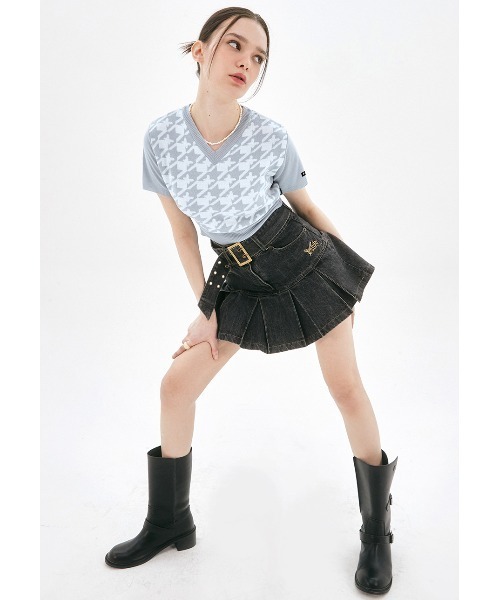 FANCY CLUB（ファンシークラブ）の「A'GEM/9 × .kom『 FANCY CLUB/ファンシークラブ』HOUND TOOTH CHECK CROP KNIT TEE/ハウンドトゥース チェック柄 クロップド丈 ニット半袖Tシャツ（ニット/セーター・レディース・ブラック/ライトブルー・FREE）」の18枚目の写真