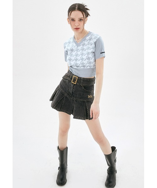 FANCY CLUB（ファンシークラブ）の「A'GEM/9 × .kom『 FANCY CLUB/ファンシークラブ』HOUND TOOTH CHECK CROP KNIT TEE/ハウンドトゥース チェック柄 クロップド丈 ニット半袖Tシャツ（ニット/セーター・レディース・ブラック/ライトブルー・FREE）」の12枚目の写真