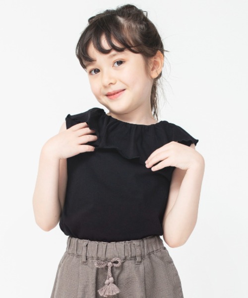 BRANSHES（ブランシェス）の「【綿100％ / 前後着れる2way】襟フリル半袖Tシャツ（Tシャツ/カットソー・キッズ・ベージュ/ブラック/ラベンダー/サーモンピンク・130/140/100/120/110/150/90）」の2枚目の写真