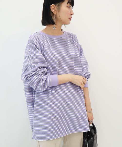 Green　Parks（グリーンパークス）の「起毛スムースボーダープルオーバー（Tシャツ/カットソー・レディース・ネイビー/ブラック/グリーン/パープル/ピンク・FREE）」の4枚目の写真