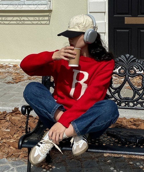 Vipoa（ヴィポア）の「レトロカレッジジャガードニット（ニット/セーター・レディース・ホワイト/レッド・FREE）」の6枚目の写真