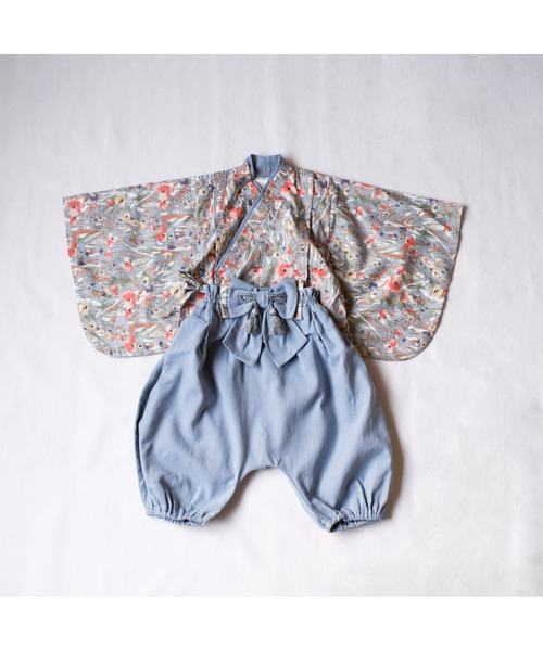 mocmof(モクモフ)の「おめかし袴セット flowery(着物・キッズ・オレンジ/ブルー/レッド・80-90cm/70-80cm)」の1枚目の写真