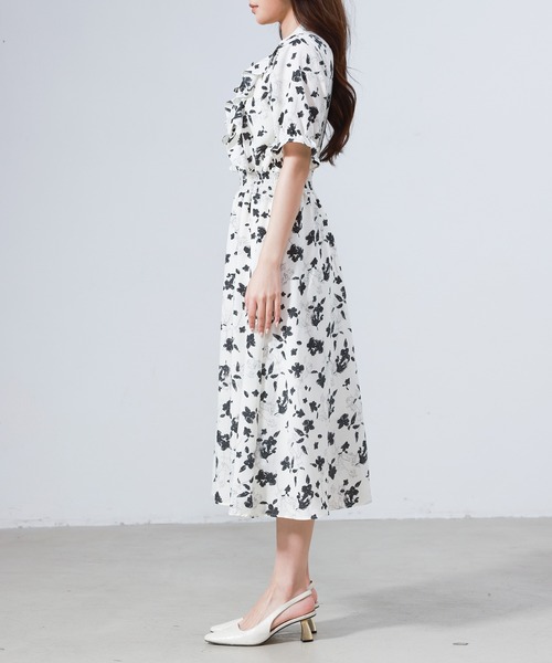 レディース 小花柄ボウタイシフォンAラインリゾートワンピース