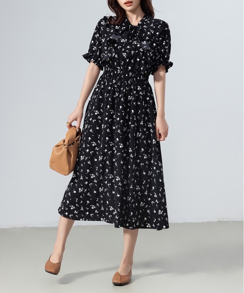 アナイ：美品【小花柄／シフォンジョーゼット】ボウタイリボン付きAラインワンピース アナイ：美品【小花柄／シフォンジョーゼット】ボウタイリボン