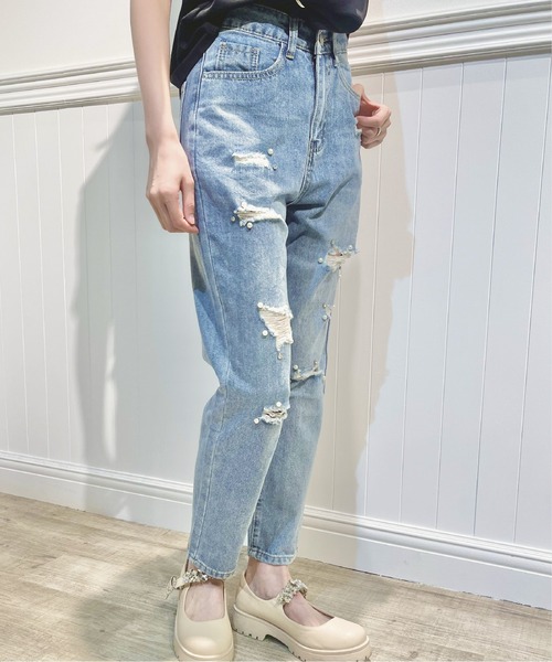 LA POMME petit（ラポミ・プチ）の「パールデコダメージデニム Pearl