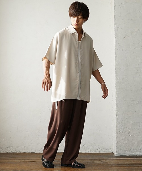 MinoriTY(マイノリティ)の「【MinoriTY】レギュラーカラーロング半袖シャツ ロング丈 メンズ 無地 秋服 夏服 オーバーサイズ ルーズシルエット(シャツ/ブラウス・メンズ・ブラック/ベージュ/ブルー/カーキ・M/L)」の16枚目の写真