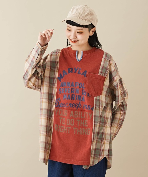 CUBE SUGAR（キューブシュガー）の「無地×チェック異素材切替チュニックTシャツ（Tシャツ/カットソー・レディース・カーキ/レッド/ネイビー・M）」の3枚目の写真