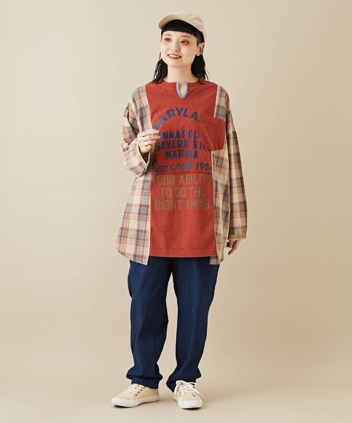 CUBE SUGAR（キューブシュガー）の「無地×チェック異素材切替チュニックTシャツ（Tシャツ/カットソー・レディース・カーキ/レッド/ネイビー・M）」の4枚目の写真