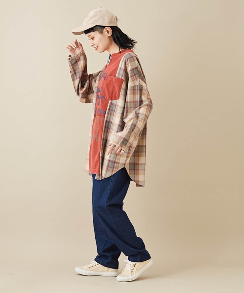 CUBE SUGAR（キューブシュガー）の「無地×チェック異素材切替チュニックTシャツ（Tシャツ/カットソー・レディース・カーキ/レッド/ネイビー・M）」の5枚目の写真