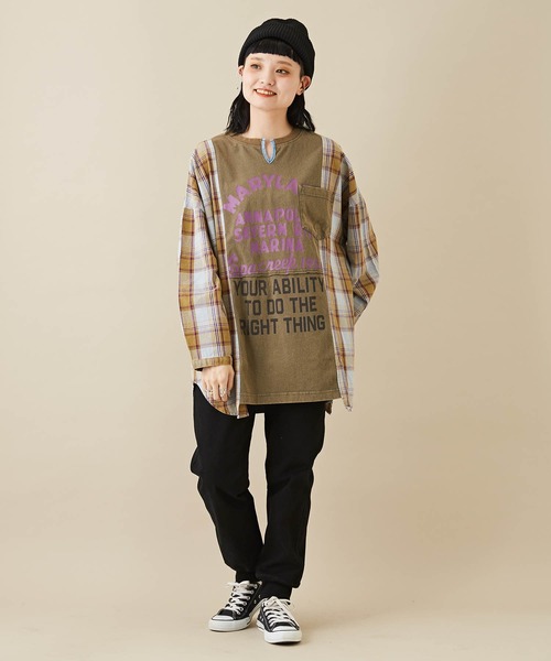CUBE SUGAR（キューブシュガー）の「無地×チェック異素材切替チュニックTシャツ（Tシャツ/カットソー・レディース・カーキ/レッド/ネイビー・M）」の7枚目の写真
