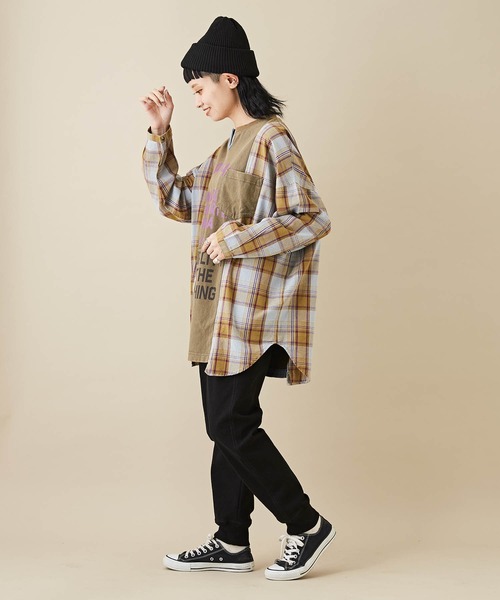 CUBE SUGAR（キューブシュガー）の「無地×チェック異素材切替チュニックTシャツ（Tシャツ/カットソー・レディース・カーキ/レッド/ネイビー・M）」の8枚目の写真