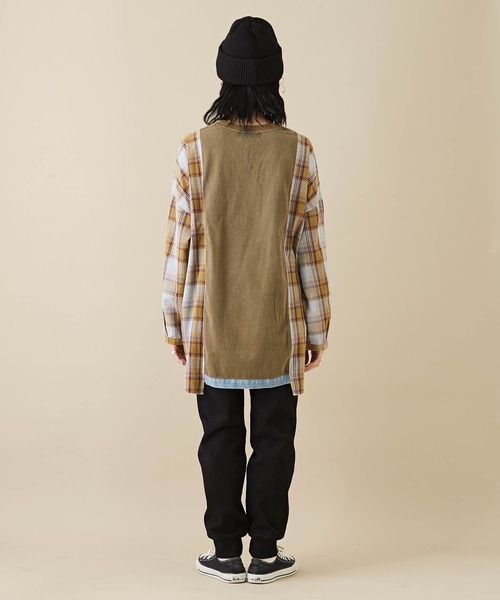 CUBE SUGAR（キューブシュガー）の「無地×チェック異素材切替チュニックTシャツ（Tシャツ/カットソー・レディース・カーキ/レッド/ネイビー・M）」の9枚目の写真