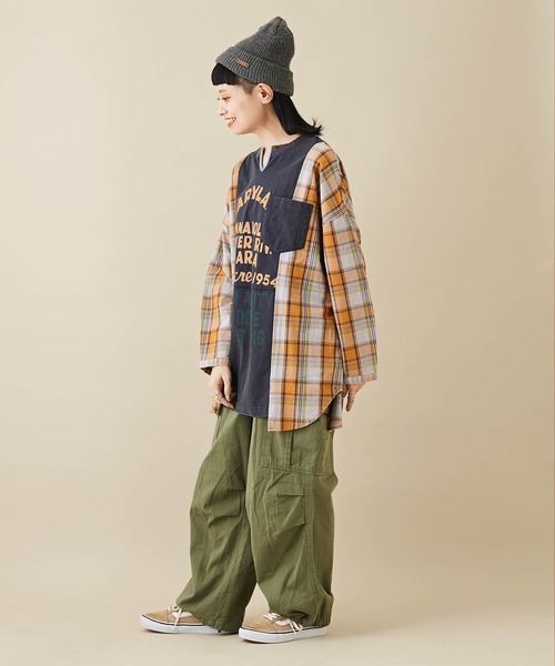 CUBE SUGAR（キューブシュガー）の「無地×チェック異素材切替チュニックTシャツ（Tシャツ/カットソー・レディース・カーキ/レッド/ネイビー・M）」の12枚目の写真