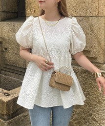 バックリボンフラワージャガードペプラムブラウス