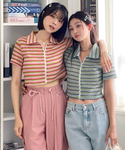 バタフライボーンリボンプリントストライプジップアップトップス main image 1