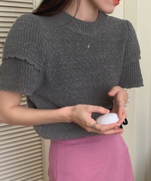 Vipoa(ヴィポア)の「Double puff sleeve summer knit(ニット/セーター・レディース・グレー/ブラック/ホワイト・FREE)」の3枚目の写真