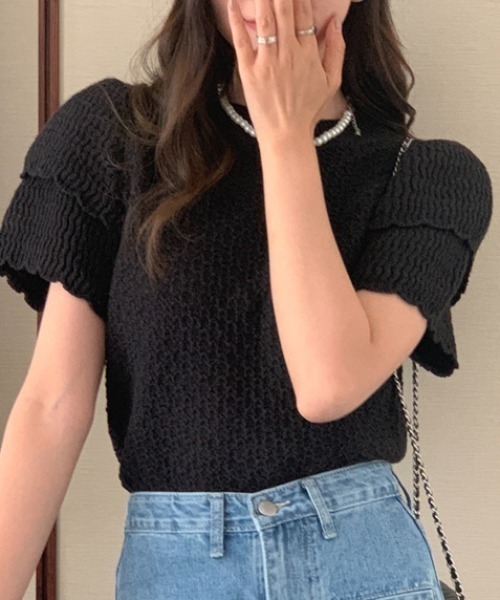 Vipoa(ヴィポア)の「Double puff sleeve summer knit(ニット/セーター・レディース・グレー/ブラック/ホワイト・FREE)」の2枚目の写真