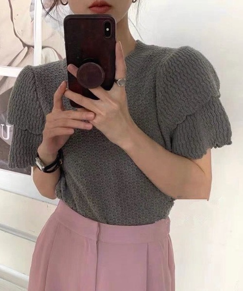 Vipoa(ヴィポア)の「Double puff sleeve summer knit(ニット/セーター・レディース・グレー/ブラック/ホワイト・FREE)」の12枚目の写真