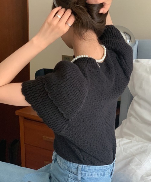 Vipoa(ヴィポア)の「Double puff sleeve summer knit(ニット/セーター・レディース・グレー/ブラック/ホワイト・FREE)」の6枚目の写真