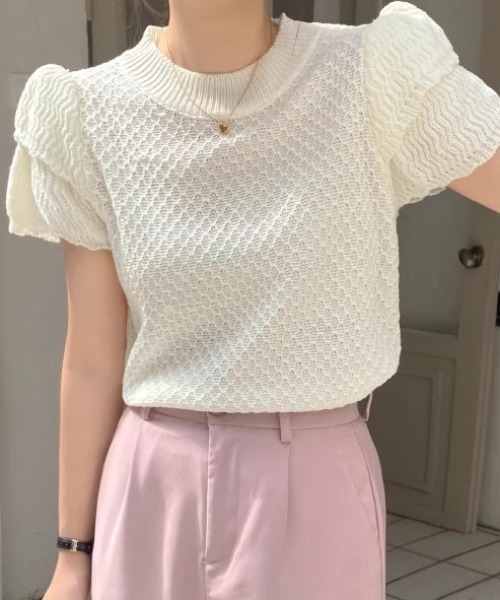 Vipoa(ヴィポア)の「Double puff sleeve summer knit(ニット/セーター・レディース・グレー/ブラック/ホワイト・FREE)」の13枚目の写真